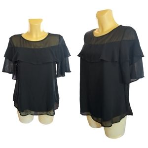 ❗$1 Bundled❗PINK BLUSH Black Multilayer Blouse with Layered Flutter Sleeves